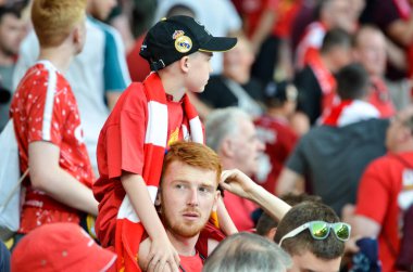 Kiev, Ukrayna - 26 Mayıs 2018: 2018 Uefa Şampiyonlar Ligi final maçı önce Real Madrid ve Liverpool, Ukrayna arasında Liverpool taraftarları Stadı nda takım destek