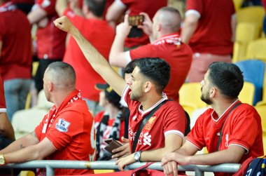 Kiev, Ukrayna - 26 Mayıs 2018: 2018 Uefa Şampiyonlar Ligi final maçı önce Real Madrid ve Liverpool, Ukrayna arasında Liverpool taraftarları Stadı nda takım destek