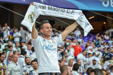Kiev, Ukrayna - 26 Mayıs 2018: 2018 Uefa Şampiyonlar Ligi final maçı önce Real Madrid ve Liverpool, Ukrayna arasında Stadı nda Real Madrid hayranları onların takım destek