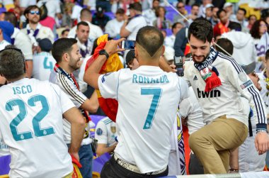 Kiev, Ukrayna - 26 Mayıs 2018: 2018 Uefa Şampiyonlar Ligi final maçı önce Real Madrid ve Liverpool, Ukrayna arasında Stadı nda Real Madrid hayranları onların takım destek