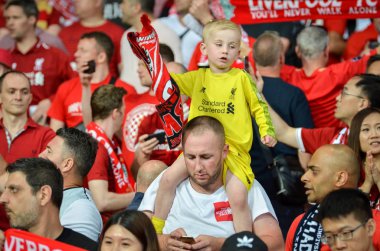 Kiev, Ukrayna - 26 Mayıs 2018: 2018 Uefa Şampiyonlar Ligi final maçı önce Real Madrid ve Liverpool, Ukrayna arasında Liverpool taraftarları Stadı nda takım destek