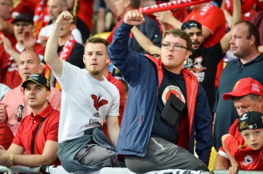 Kiev, Ukrayna - 26 Mayıs 2018: 2018 Uefa Şampiyonlar Ligi final maçı önce Real Madrid ve Liverpool, Ukrayna arasında Liverpool taraftarları Stadı nda takım destek