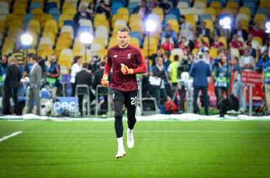 Kiev, Ukrayna - 26 Mayıs 2018: Simon Mignolet 2018 önce Uefa Şampiyonlar Ligi Finali maç Real Madrid ve Kiev Ukrayna Milli Güvenlik olimpiyskiy Stadyumu'nda Liverpool arasında