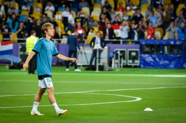 Kiev, Ukrayna - 26 Mayıs 2018: Luka Modric ve eğitim 2018 Uefa Şampiyonlar Ligi final maçında Real Madrid ve Liverpool, Ukrayna arasında daha önce Real Madrid futbol oyuncuları
