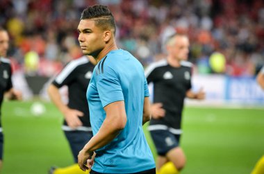 Kiev, Ukrayna - 26 Mayıs 2018: Casemiro 2018 önce Uefa Şampiyonlar Ligi Finali maç Real Madrid ve Kiev Ukrayna Milli Güvenlik olimpiyskiy Stadyumu'nda Liverpool arasında