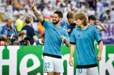 Kiev, Ukrayna - 26 Mayıs 2018: Çifleşme ve eğitim 2018 Uefa Şampiyonlar Ligi final maçında Real Madrid ve Liverpool, Ukrayna arasında daha önce Real Madrid futbol oyuncuları