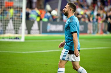 Kiev, Ukrayna - 26 Mayıs 2018: Daniel Carvajal 2018 önce Uefa Şampiyonlar Ligi Finali maç Real Madrid ve Kiev Ukrayna Milli Güvenlik olimpiyskiy Stadyumu'nda Liverpool arasında
