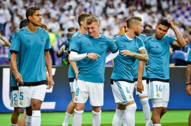 Kiev, Ukrayna - 26 Mayıs 2018: 2018 önce futbolcu Real Madrid Uefa Şampiyonlar Ligi Finali maç Real Madrid ve Kiev Ukrayna Milli Güvenlik olimpiyskiy Stadyumu'nda Liverpool arasında
