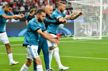 Kiev, Ukrayna - 26 Mayıs 2018: 2018 önce futbolcu Real Madrid Uefa Şampiyonlar Ligi Finali maç Real Madrid ve Kiev Ukrayna Milli Güvenlik olimpiyskiy Stadyumu'nda Liverpool arasında