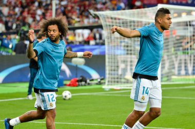 Kiev, Ukrayna - 26 Mayıs 2018: Marcelo 2018 önce Uefa Şampiyonlar Ligi Finali maç Real Madrid ve Kiev Ukrayna Milli Güvenlik olimpiyskiy Stadyumu'nda Liverpool arasında