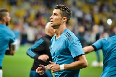 Kiev, Ukrayna - 26 Mayıs 2018: Cristiano Ronaldo ve eğitim 2018 Uefa Şampiyonlar Ligi final maçında Real Madrid ve Liverpool, Ukrayna arasında daha önce Real Madrid futbol oyuncuları