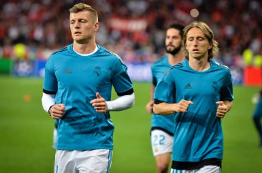 Kiev, Ukrayna - 26 Mayıs 2018: Toni Kroos 2018 önce Uefa Şampiyonlar Ligi Finali maç Real Madrid ve Kiev Ukrayna Milli Güvenlik olimpiyskiy Stadyumu'nda Liverpool arasında