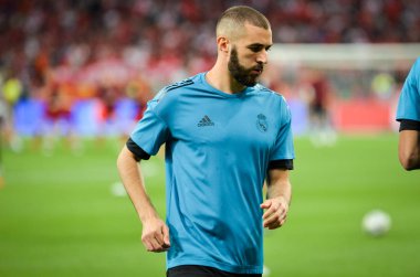 Kiev, Ukrayna - 26 Mayıs 2018: Karim Benzema ve eğitim 2018 Uefa Şampiyonlar Ligi final maçında Real Madrid ve Liverpool, Ukrayna arasında daha önce Real Madrid futbol oyuncuları