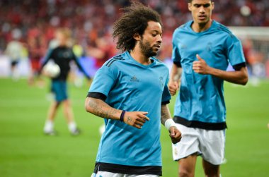 Kiev, Ukrayna - 26 Mayıs 2018: Marcelo 2018 önce Uefa Şampiyonlar Ligi Finali maç Real Madrid ve Kiev Ukrayna Milli Güvenlik olimpiyskiy Stadyumu'nda Liverpool arasında