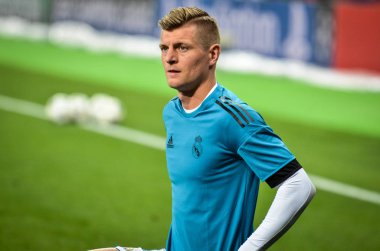 Kiev, Ukrayna - 26 Mayıs 2018: Toni Kroos 2018 önce Uefa Şampiyonlar Ligi Finali maç Real Madrid ve Kiev Ukrayna Milli Güvenlik olimpiyskiy Stadyumu'nda Liverpool arasında