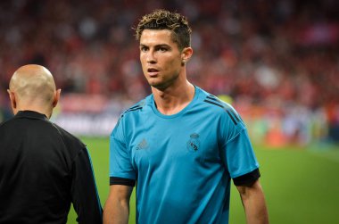 Kiev, Ukrayna - 26 Mayıs 2018: Cristiano Ronaldo ve eğitim 2018 Uefa Şampiyonlar Ligi final maçında Real Madrid ve Liverpool, Ukrayna arasında daha önce Real Madrid futbol oyuncuları