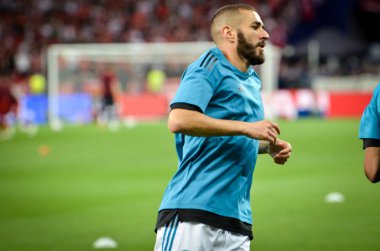 Kiev, Ukrayna - 26 Mayıs 2018: Karim Benzema ve eğitim 2018 Uefa Şampiyonlar Ligi final maçında Real Madrid ve Liverpool, Ukrayna arasında daha önce Real Madrid futbol oyuncuları