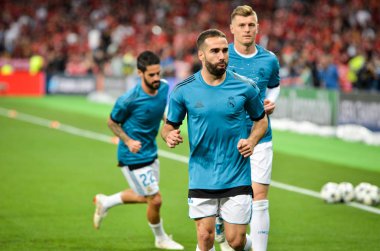 Kiev, Ukrayna - 26 Mayıs 2018: Daniel Carvajal 2018 önce Uefa Şampiyonlar Ligi Finali maç Real Madrid ve Kiev Ukrayna Milli Güvenlik olimpiyskiy Stadyumu'nda Liverpool arasında