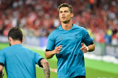 Kiev, Ukrayna - 26 Mayıs 2018: Cristiano Ronaldo ve eğitim 2018 Uefa Şampiyonlar Ligi final maçında Real Madrid ve Liverpool, Ukrayna arasında daha önce Real Madrid futbol oyuncuları