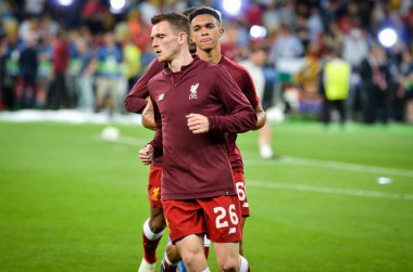 Kiev, Ukrayna - 26 Mayıs 2018: Andrew Robertson eğitim 2018 Uefa Şampiyonlar Ligi final maçında Real Madrid ve Liverpool, Ukrayna arasında önce bir Liverpool futbol oyuncuları