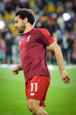 Kiev, Ukrayna - 26 Mayıs 2018: Mohamed Salah ve eğitim 2018 Uefa Şampiyonlar Ligi final maçında Real Madrid ve Liverpool, Ukrayna arasında önce bir Liverpool futbol oyuncuları