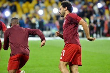 Kiev, Ukrayna - 26 Mayıs 2018: Mohamed Salah ve eğitim 2018 Uefa Şampiyonlar Ligi final maçında Real Madrid ve Liverpool, Ukrayna arasında önce bir Liverpool futbol oyuncuları