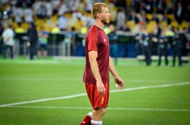 Kiev, Ukrayna - 26 Mayıs 2018: Ragnar Klavan ve eğitim 2018 Uefa Şampiyonlar Ligi final maçında Real Madrid ve Liverpool, Ukrayna arasında önce bir Liverpool futbol oyuncuları
