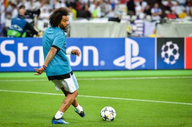 Kiev, Ukrayna - 26 Mayıs 2018: Marcelo 2018 önce Uefa Şampiyonlar Ligi Finali maç Real Madrid ve Kiev Ukrayna Milli Güvenlik olimpiyskiy Stadyumu'nda Liverpool arasında