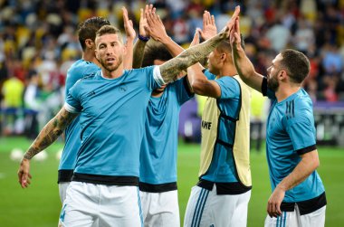 Kiev, Ukrayna - 26 Mayıs 2018: Sergio Ramos 2018 önce Uefa Şampiyonlar Ligi Finali maç Real Madrid ve Kiev Ukrayna Milli Güvenlik olimpiyskiy Stadyumu'nda Liverpool arasında