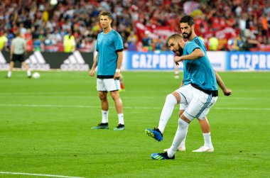 Kiev, Ukrayna - 26 Mayıs 2018: Karim Benzema ve eğitim 2018 Uefa Şampiyonlar Ligi final maçında Real Madrid ve Liverpool, Ukrayna arasında daha önce Real Madrid futbol oyuncuları