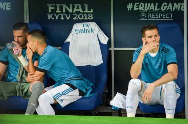 Kiev, Ukrayna - 26 Mayıs 2018: Uefa Şampiyonlar Ligi Finali 2018 önce tezgah oyuncu Real Madrid maç Real Madrid ve Liverpool, Ukrayna arasında