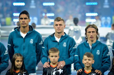 Kiev, Ukrayna - 26 Mayıs 2018: 2018 önce futbolcu Uefa Şampiyonlar Ligi Finali maç Real Madrid ve Kiev Ukrayna Milli Güvenlik olimpiyskiy Stadyumu'nda Liverpool arasında