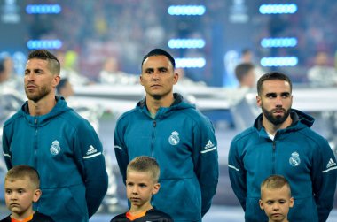 Kiev, Ukrayna - 26 Mayıs 2018: 2018 önce futbolcu Uefa Şampiyonlar Ligi Finali maç Real Madrid ve Kiev Ukrayna Milli Güvenlik olimpiyskiy Stadyumu'nda Liverpool arasında