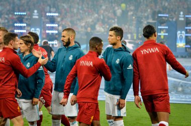 Kiev, Ukrayna - 26 Mayıs 2018: Real Madrid ve Liverpool futbolcular sıkışalım 2018 Uefa Şampiyonlar Ligi final maçında Milli Güvenlik olimpiyskiy Stadyumu'nda, Ukrayna Kiev önce