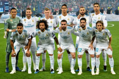 Kiev, Ukrayna - 26 Mayıs 2018: Tam takım fotoğraf, Real Madrid player 2018 Uefa Şampiyonlar Ligi final maçında Real Madrid ve Liverpool, Ukrayna arasında önce
