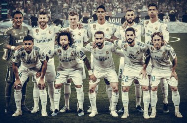 Kiev, Ukrayna - 26 Mayıs 2018: Tam takım fotoğraf, Real Madrid player 2018 Uefa Şampiyonlar Ligi final maçında Real Madrid ve Liverpool, Ukrayna arasında önce