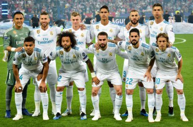 Kiev, Ukrayna - 26 Mayıs 2018: Tam takım fotoğraf, Real Madrid player 2018 Uefa Şampiyonlar Ligi final maçında Real Madrid ve Liverpool, Ukrayna arasında önce