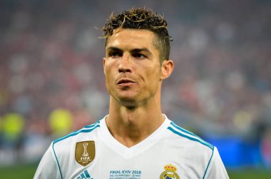 Kiev, Ukrayna - 26 Mayıs 2018: Cristiano Ronaldo 2018 sırasında Uefa Şampiyonlar Ligi Finali maç Real Madrid ve Kiev Ukrayna Milli Güvenlik olimpiyskiy Stadyumu'nda Liverpool arasında