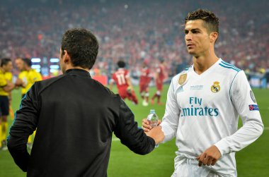 Kiev, Ukrayna - 26 Mayıs 2018: Cristiano Ronaldo 2018 sırasında Uefa Şampiyonlar Ligi Finali maç Real Madrid ve Kiev Ukrayna Milli Güvenlik olimpiyskiy Stadyumu'nda Liverpool arasında