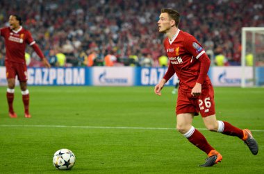 Kiev, Ukrayna - 26 Mayıs 2018: Andrew Robertson 2018 sırasında Uefa Şampiyonlar Ligi Finali maç Real Madrid ve Kiev Ukrayna Milli Güvenlik olimpiyskiy Stadyumu'nda Liverpool arasında