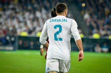Kiev, Ukrayna - 26 Mayıs 2018: Daniel Carvajal 2018 sırasında Uefa Şampiyonlar Ligi Finali maç Real Madrid ve Kiev Ukrayna Milli Güvenlik olimpiyskiy Stadyumu'nda Liverpool arasında