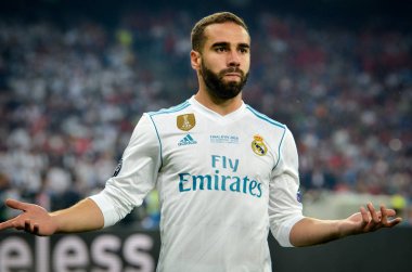 Kiev, Ukrayna - 26 Mayıs 2018: Daniel Carvajal 2018 sırasında Uefa Şampiyonlar Ligi Finali maç Real Madrid ve Kiev Ukrayna Milli Güvenlik olimpiyskiy Stadyumu'nda Liverpool arasında