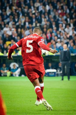 Kiev, Ukrayna - 26 Mayıs 2018: Georginio Wijnaldum 2018 sırasında Uefa Şampiyonlar Ligi Finali maç Real Madrid ve Kiev Ukrayna Milli Güvenlik olimpiyskiy Stadyumu'nda Liverpool arasında