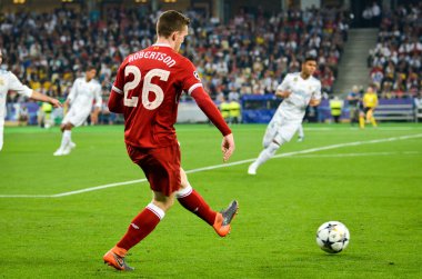 Kiev, Ukrayna - 26 Mayıs 2018: Andrew Robertson 2018 sırasında Uefa Şampiyonlar Ligi Finali maç Real Madrid ve Kiev Ukrayna Milli Güvenlik olimpiyskiy Stadyumu'nda Liverpool arasında