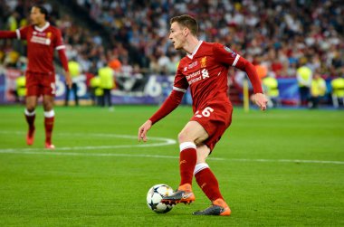 Kiev, Ukrayna - 26 Mayıs 2018: Andrew Robertson 2018 sırasında Uefa Şampiyonlar Ligi Finali maç Real Madrid ve Kiev Ukrayna Milli Güvenlik olimpiyskiy Stadyumu'nda Liverpool arasında