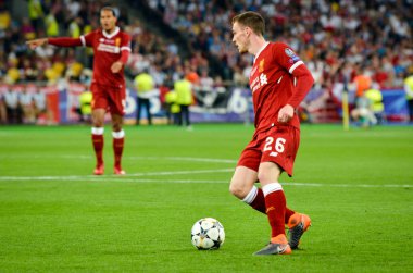 Kiev, Ukrayna - 26 Mayıs 2018: Andrew Robertson 2018 sırasında Uefa Şampiyonlar Ligi Finali maç Real Madrid ve Kiev Ukrayna Milli Güvenlik olimpiyskiy Stadyumu'nda Liverpool arasında