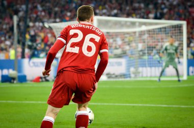 Kiev, Ukrayna - 26 Mayıs 2018: Andrew Robertson 2018 sırasında Uefa Şampiyonlar Ligi Finali maç Real Madrid ve Kiev Ukrayna Milli Güvenlik olimpiyskiy Stadyumu'nda Liverpool arasında