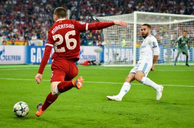 Kiev, Ukrayna - 26 Mayıs 2018: Andrew Robertson 2018 sırasında Uefa Şampiyonlar Ligi Finali maç Real Madrid ve Kiev Ukrayna Milli Güvenlik olimpiyskiy Stadyumu'nda Liverpool arasında