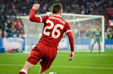 Kiev, Ukrayna - 26 Mayıs 2018: Andrew Robertson 2018 sırasında Uefa Şampiyonlar Ligi Finali maç Real Madrid ve Kiev Ukrayna Milli Güvenlik olimpiyskiy Stadyumu'nda Liverpool arasında