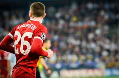 Kiev, Ukrayna - 26 Mayıs 2018: Andrew Robertson 2018 sırasında Uefa Şampiyonlar Ligi Finali maç Real Madrid ve Kiev Ukrayna Milli Güvenlik olimpiyskiy Stadyumu'nda Liverpool arasında